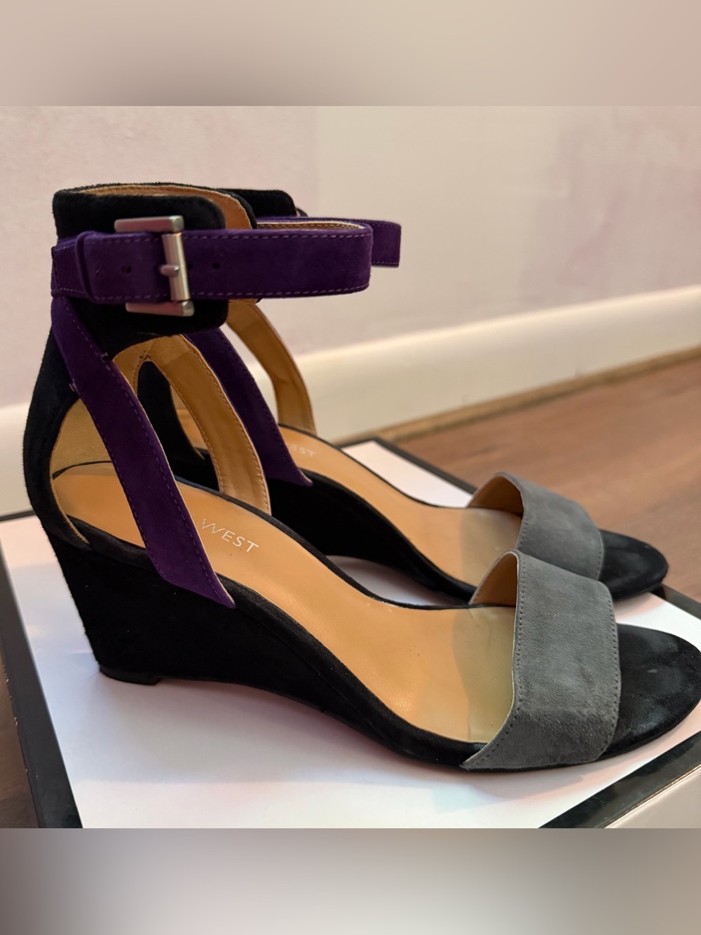 Nine West Two-Tone Suede Wedge Sandals in Purple and Gray